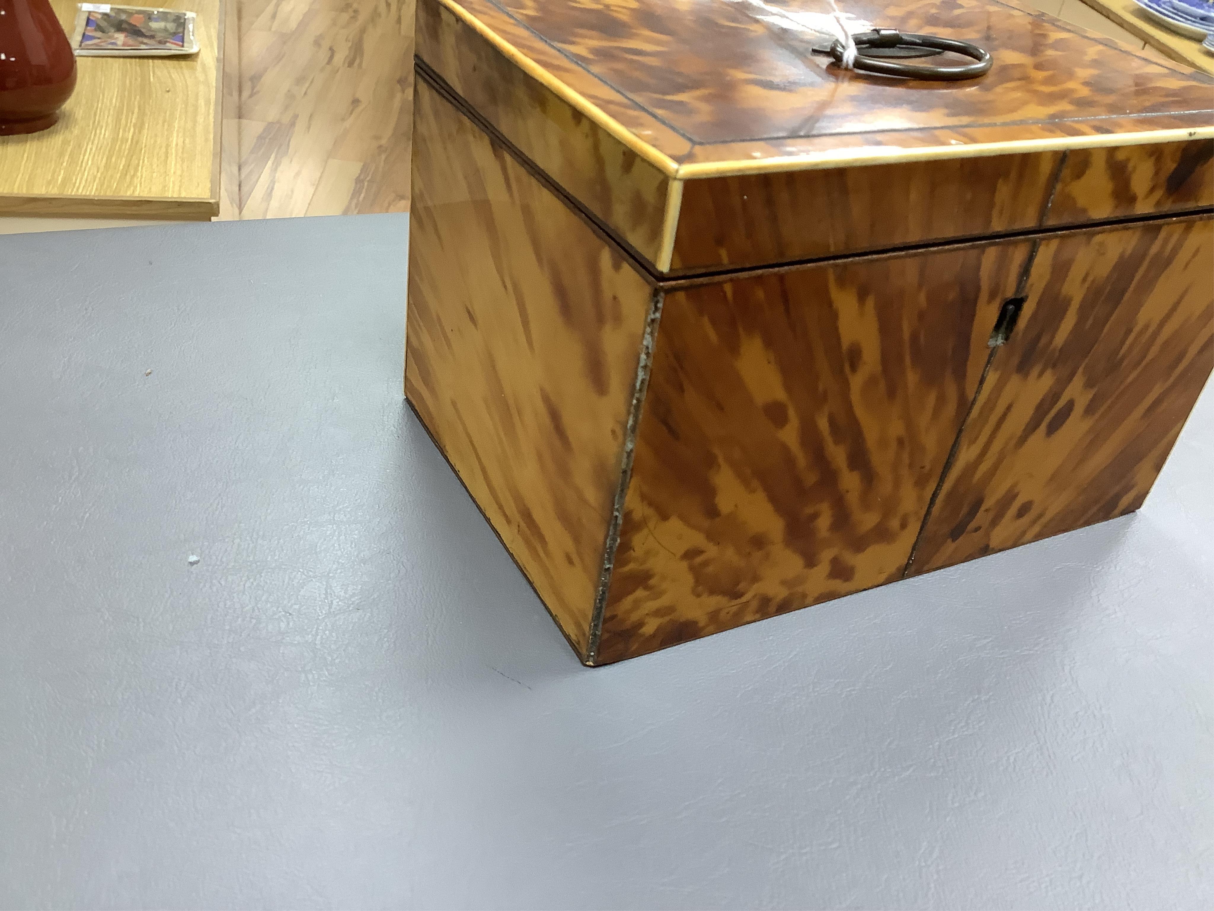 A Georgian blonde tortoiseshell tea caddy with ivory beading, 20.5cm wide CITES Submission reference, EVAWRXWG